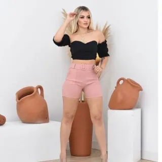Moda Verão Moda Fashion Feminino Cintura Alta Com Bolsos Fivela Curta - Rose
