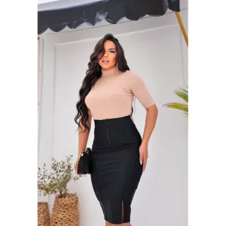 Moda evangélica: Saia Midi cintura alta com zíper elegante 004 - Verde Militar