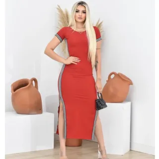 Feminino Vestido Manga Curta Longo Canelado Fenda Lateral - Vinho