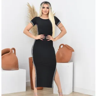 Feminino Vestido Manga Curta Longo Canelado Fenda Lateral - Vinho