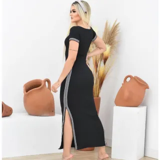 Feminino Vestido Manga Curta Longo Canelado Fenda Lateral - Vinho