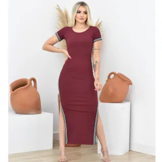 Feminino Vestido Manga Curta Longo Canelado Fenda Lateral - Vinho