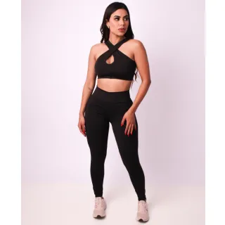Conjunto de treino suplex feminino transpassado, calça legging e top cropped - Preto