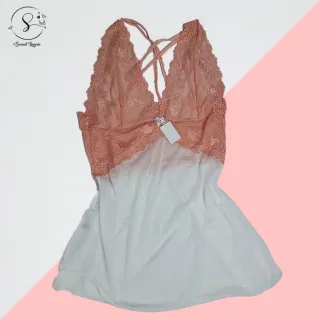 Vestido Sensual Feminino Rendado Bicolor Sem Bojo - Camisola para Dormir - Pink/Branco