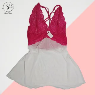 Vestido Sensual Feminino Rendado Bicolor Sem Bojo - Camisola para Dormir - Pink/Branco