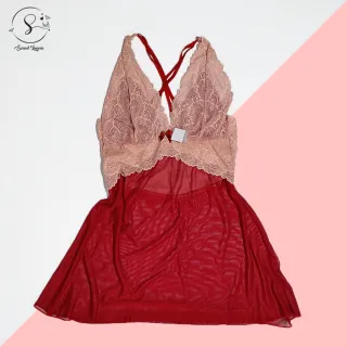 Vestido Sensual Feminino Rendado Bicolor Sem Bojo - Camisola para Dormir - Pink/Branco