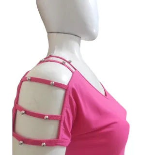 Blusinha Plus Size Manga Curta Tira Vazada Viscolycra Pérola Metalizada GG 44/48 - Rosa