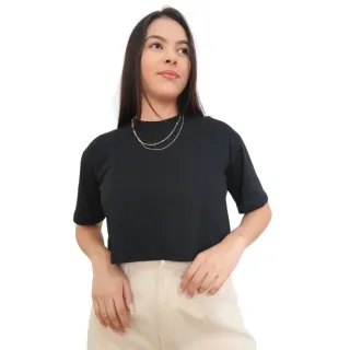 Moda Gringa: Camiseta Cropped em Algodão 100% - PRETO/FLOR