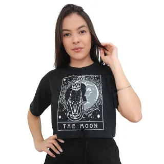 Moda Gringa: Camiseta Cropped em Algodão 100% - MARROM/Gato The Moon
