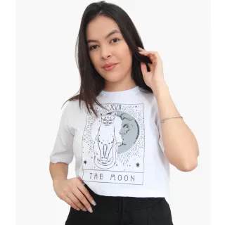 Moda Gringa: Camiseta Cropped em Algodão 100% - MARROM/Gato The Moon