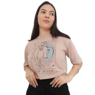 Moda Gringa: Camiseta Cropped em Algodão 100% - MARROM/Gato The Moon