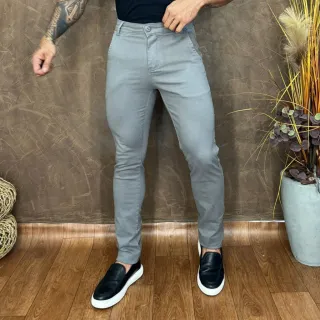 Calça Slim Masculina em Sarja com Elastano Lycra - CINZA CLARA