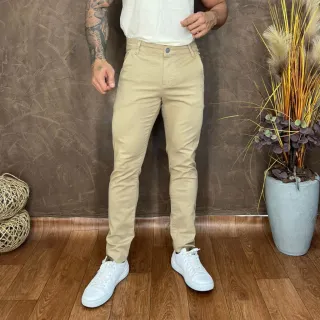 Brim Elastano Calça Esporte Fino Sarja Masculina Modelo Alfaiataria - Caqui