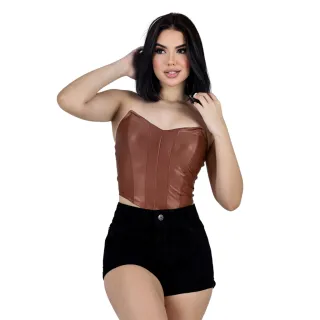 Corset Cropped Feminino Couro Fake Preto Morcego Tomara Que Caia - Preto