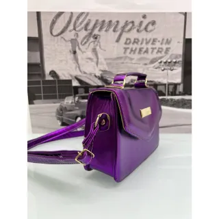 Bolsa de festa holográfica com brilho, couro metalizado e alças ajustáveis - Roxo