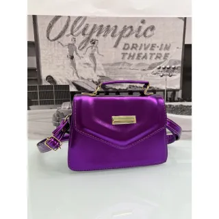 Bolsa de festa holográfica com brilho, couro metalizado e alças ajustáveis - Roxo
