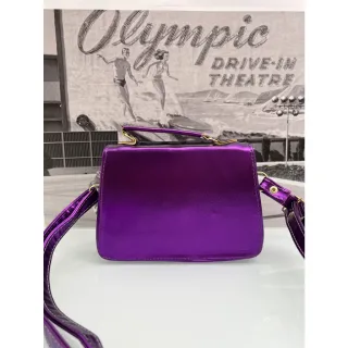 Bolsa de festa holográfica com brilho, couro metalizado e alças ajustáveis - Roxo
