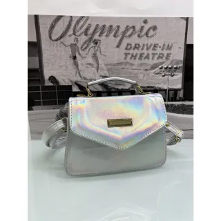 Bolsa de festa holográfica com brilho, couro metalizado e alças ajustáveis - Roxo