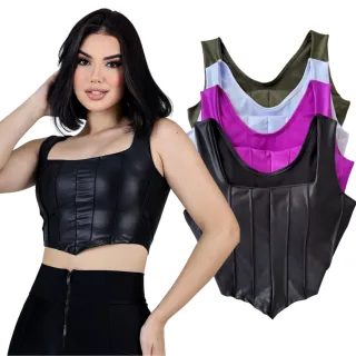 Regata Cropped Feminino Couro Fake Preto - Blusa Top Retro Corset - Verde Militar