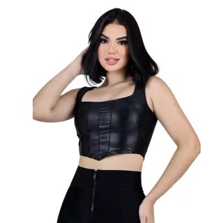 Regata Cropped Feminino Couro Fake Preto - Blusa Top Retro Corset - Verde Militar