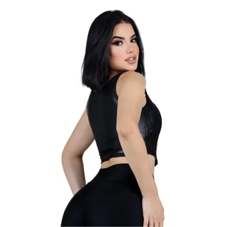 Regata Cropped Feminino Couro Fake Preto - Blusa Top Retro Corset - Verde Militar