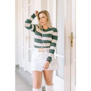 Moda Blogueira Blusa Feminina Tricot Básica Cacharel 2 Cores - Verde Bandeira/Preto