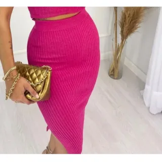 Saia Listrada Midi em Modal com Fenda Canelada - Branco