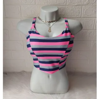 Blusa Cropped Feminina com Tiras nas Costas e Alcinha - Blogueirinha - ROSA COM CINZA