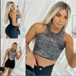 Blusa feminina cropped com brilho em paetê, lantejoulas e bojo - Festa luxo gringa preto/prata - Nude