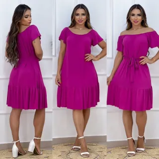 Vestido midi ombro a ombro com saia rodada e laço - Moda Feminina - Fúcsia