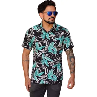 Camiseta Masculina Slim Estampada Floral - Manga Curta Social - Preto floral