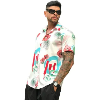 Camiseta Masculina Slim Estampada Floral - Manga Curta Social - Preto floral