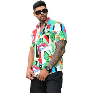 Camiseta Masculina Slim Estampada Floral - Manga Curta Social - Preto floral
