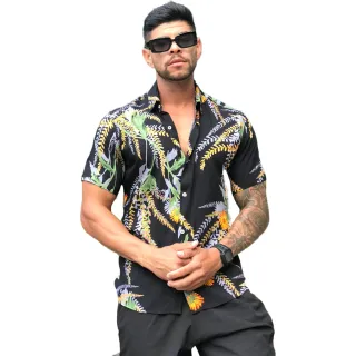 Camiseta Masculina Slim Estampada Floral - Manga Curta Social - Preto floral