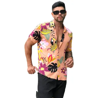 Camiseta Masculina Slim Estampada Floral - Manga Curta Social - Preto floral