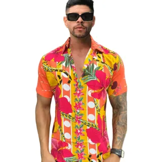 Camiseta Masculina Slim Estampada Floral - Manga Curta Social - Preto floral