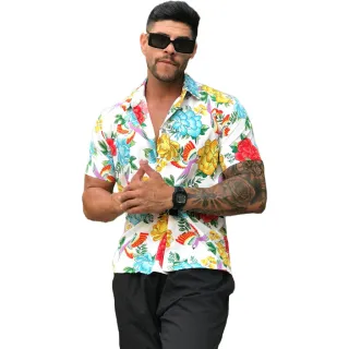 Camiseta Masculina Slim Estampada Floral - Manga Curta Social - Preto floral