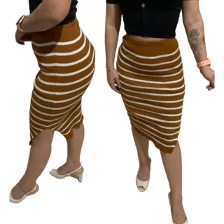 Listras Tendência Saia Midi Tricot Inverno Fenda - PRETA COM LISTRAS CARAMELO