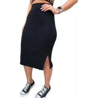 Listras Tendência Saia Midi Tricot Inverno Fenda - PRETA COM LISTRAS CARAMELO