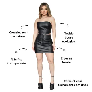 Saia balada de couro fake e Conjunto Corselete Elegante com Fechamento por Ilhós e Tiras - Preto