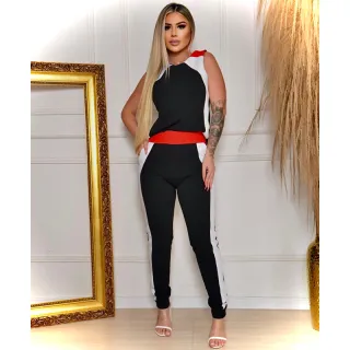 DIVERSAS CORES Conjunto Calça e Blusa Malha Crepe (36 ao 48) Feminino - Preto C/Verde