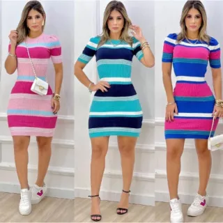 Variedade de Vestidos Tricot Modal / Manga Curta / Gola V e Redonda / Listrado Trico - Marinho Vest Liso