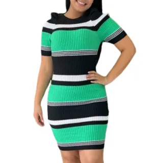 Variedade de Vestidos Tricot Modal / Manga Curta / Gola V e Redonda / Listrado Trico - Marinho Vest Liso