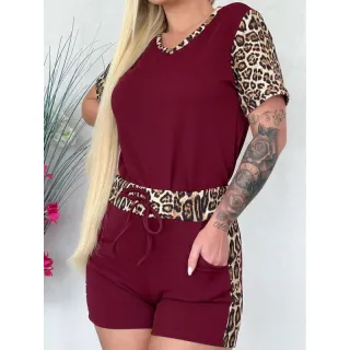 Kit Conjunto Feminino Blusa Malha Crepe + Short (36 ao 48) Detalhe Oncinha - Preto