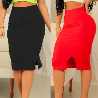 Saias Femininas Social Lápis com Fenda Lateral - Kit 2 Peças - Preto/Azul