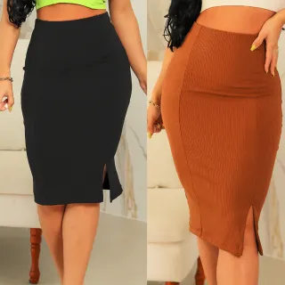 Saias Femininas Social Lápis com Fenda Lateral - Kit 2 Peças - Preto/Azul