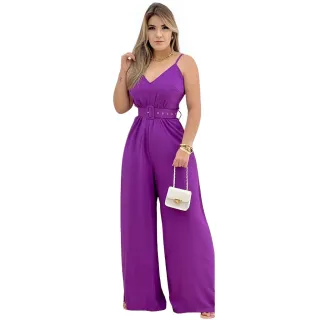 Widepeg Pantalona Feminino - Macacão Sofisticado Elegante com Cinto - Alcinha Azul