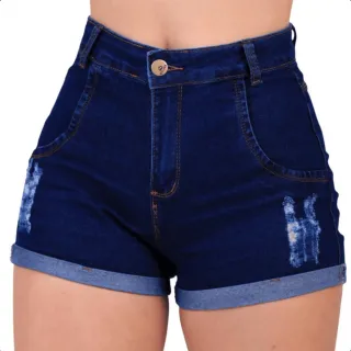 Shorts jeans cintura alta feminino com lycra e barra dobrada