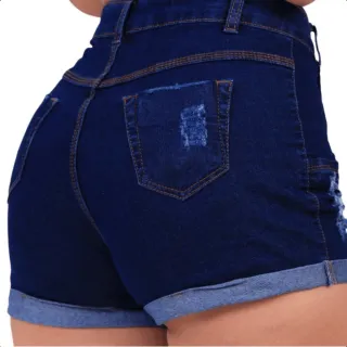 Shorts jeans cintura alta feminino com lycra e barra dobrada - Azul Escuro