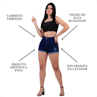 Shorts jeans cintura alta feminino com lycra e barra dobrada - Azul Escuro